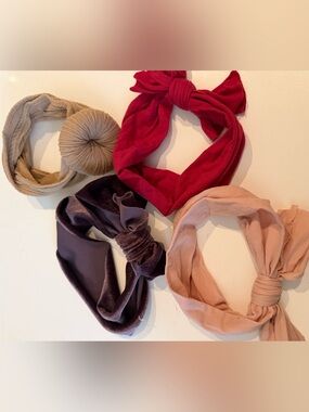 Set of 4 Knotted Fabric Headbands in Beige, Red, Blush, Brown, Taupe